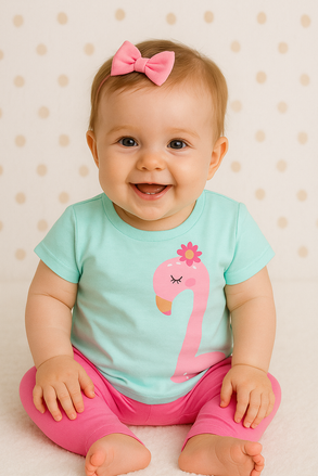 💚 T-shirt Bebé Menina – Flamingo Tropical 🦩🌸